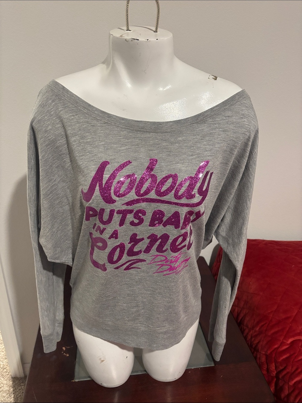 Gray Long-Sleeve Off-Shoulder Top with Pink Glitter Script